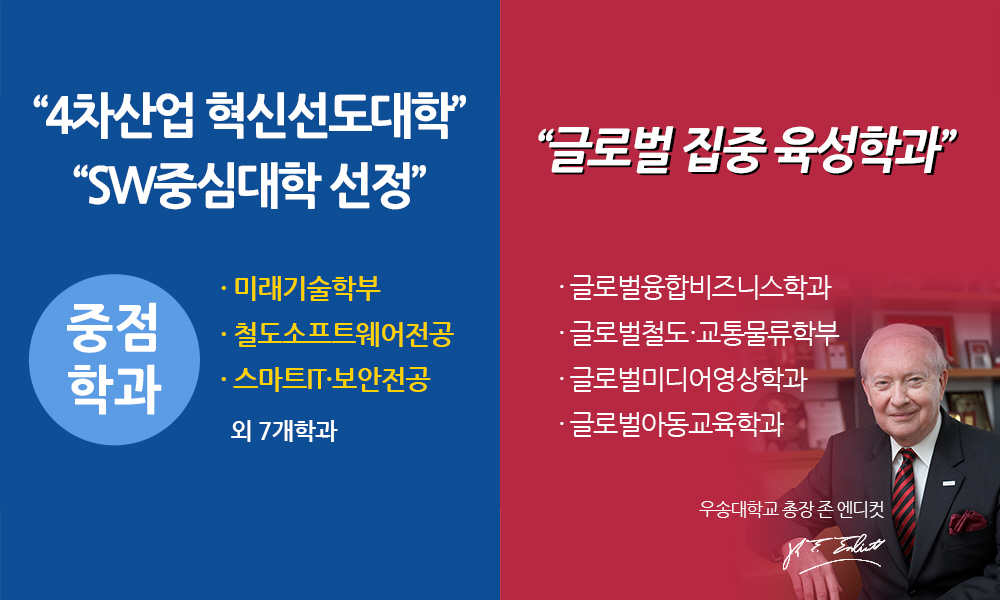 4차산업 혁신선도대학, SW중심대학 선정, 중점학과, 미래기술학부, 철도소프트웨어전공, 스마트·IT전공 외 7개학과 / 글로벌 집중 육성학과, 글로벌융합비즈니스학과, 글로벌철도·교통물류학부, 글로벌미디어영상학과, 글로벌아동교육학과